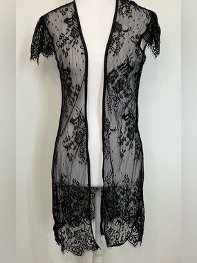 Black Lace Kimono Duster Small Boho Festival Whimsy Goth Indie Laying Mesh Sheer